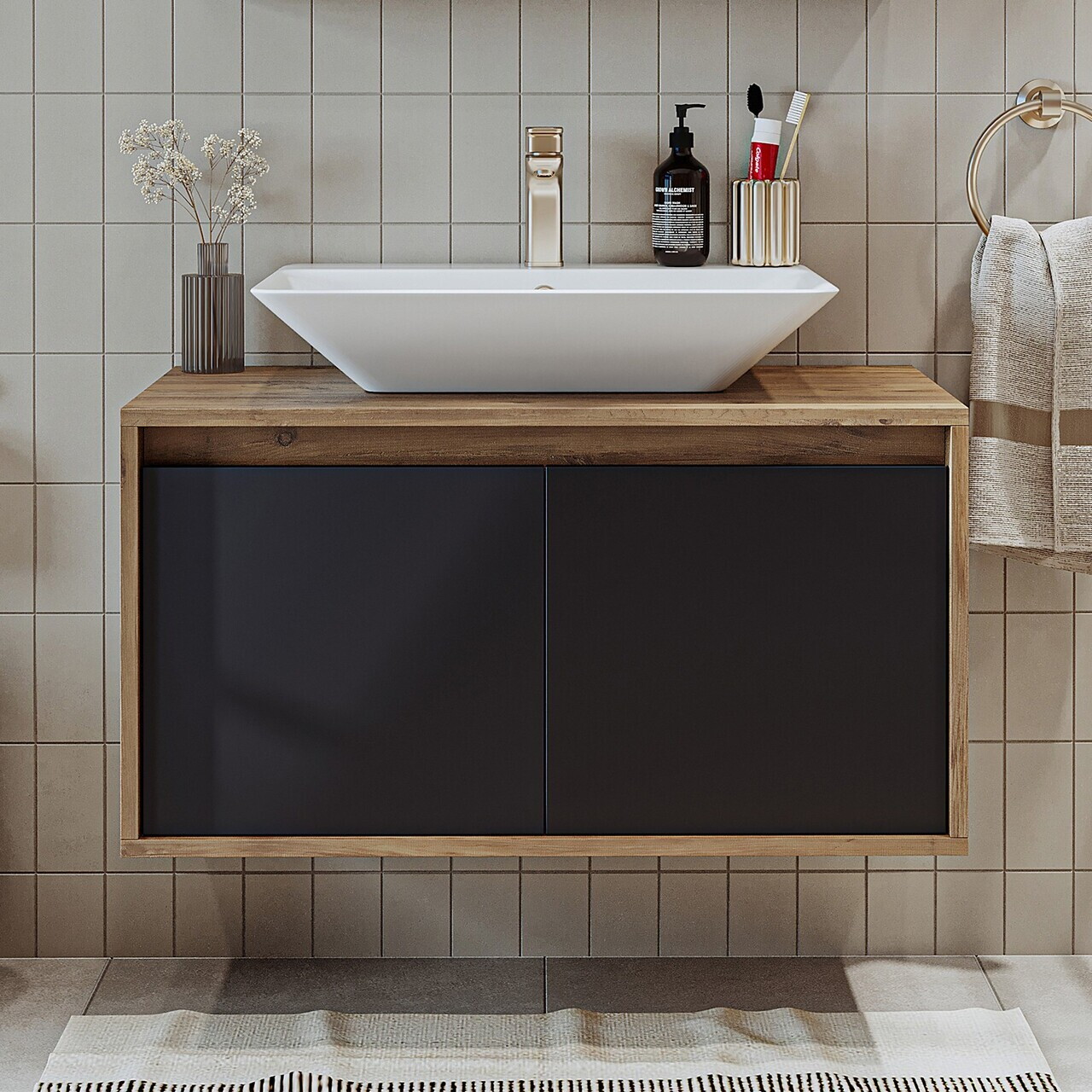 Dulap de baie cu chiuvetă, Hanah Home, 1706, 85x58x45 cm, MDF-LAM, Pin Atlantic / Antracit — imaginea 2