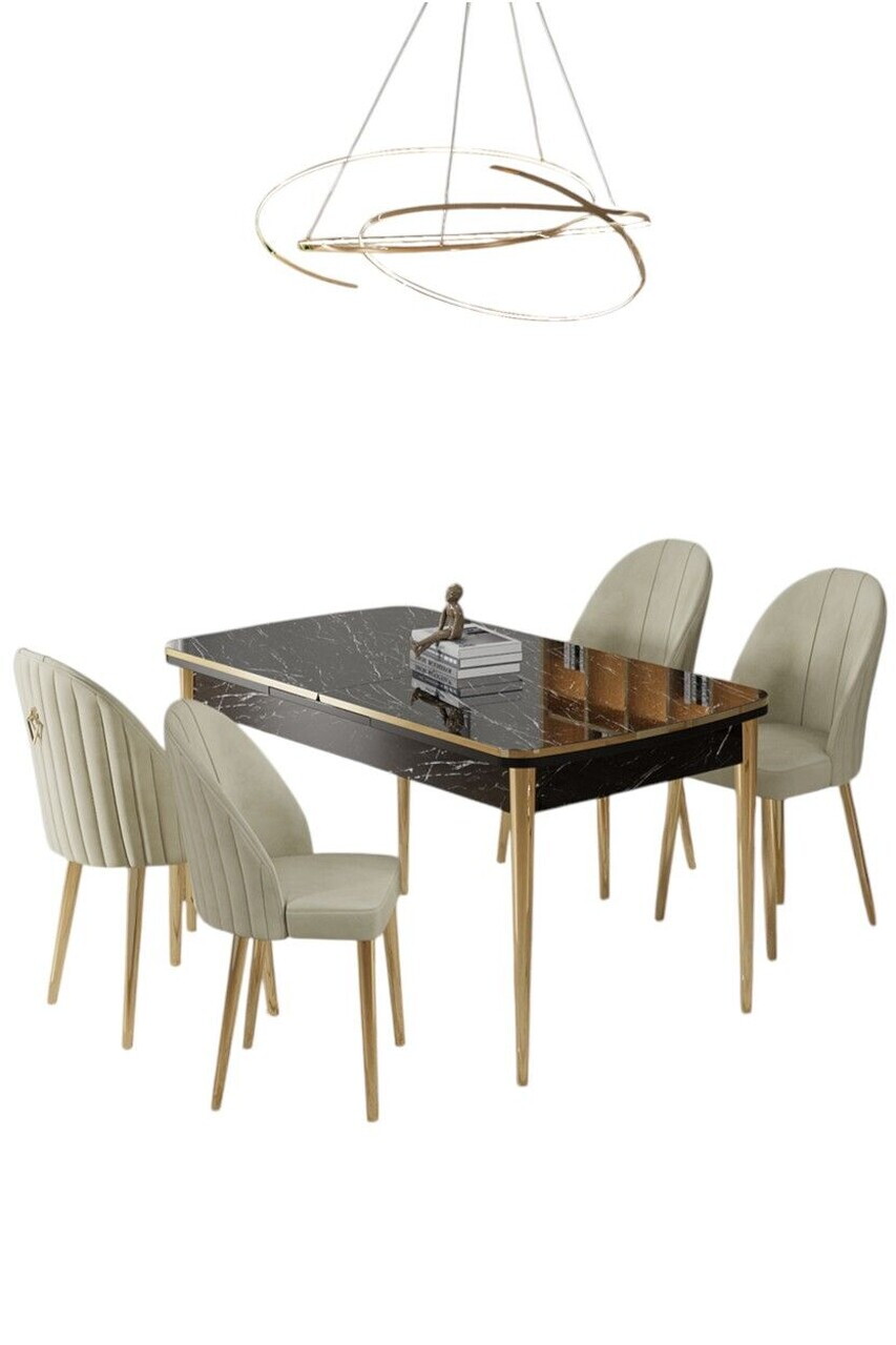 Set masa extensibila si scaune (5 piese), Hanah Home, Rada, Model de marmură neagră / Auriu / Crem — imaginea 2