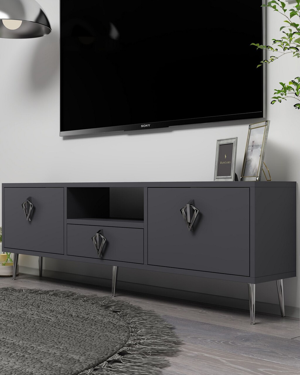 Comoda TV, Hanah Home, 1313-DROP-32, 140x45x30 cm, PAL , Antracit / Argintiu - view 2