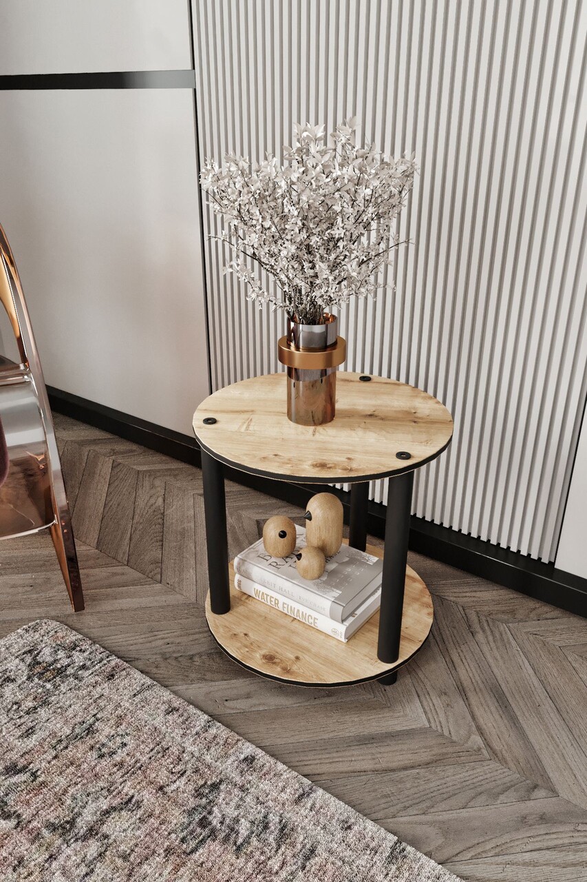 Masuta de cafea, Hanah Home, Bookcase 2-Tier Round, 34x38x34 cm, MDF , Stejar