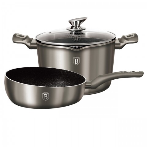Set tigaie de sotat si oala cu capac, Berlinger Haus, tigaie: 26 cm, oala: 24 cm, aluminiu forjat si marmura, Carbon