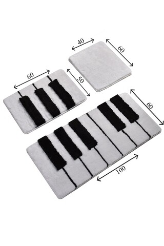 Set 3 covorase de baie Piyano, Chilai, 40x60 cm/50x60 cm/60x100 cm, alb/negru