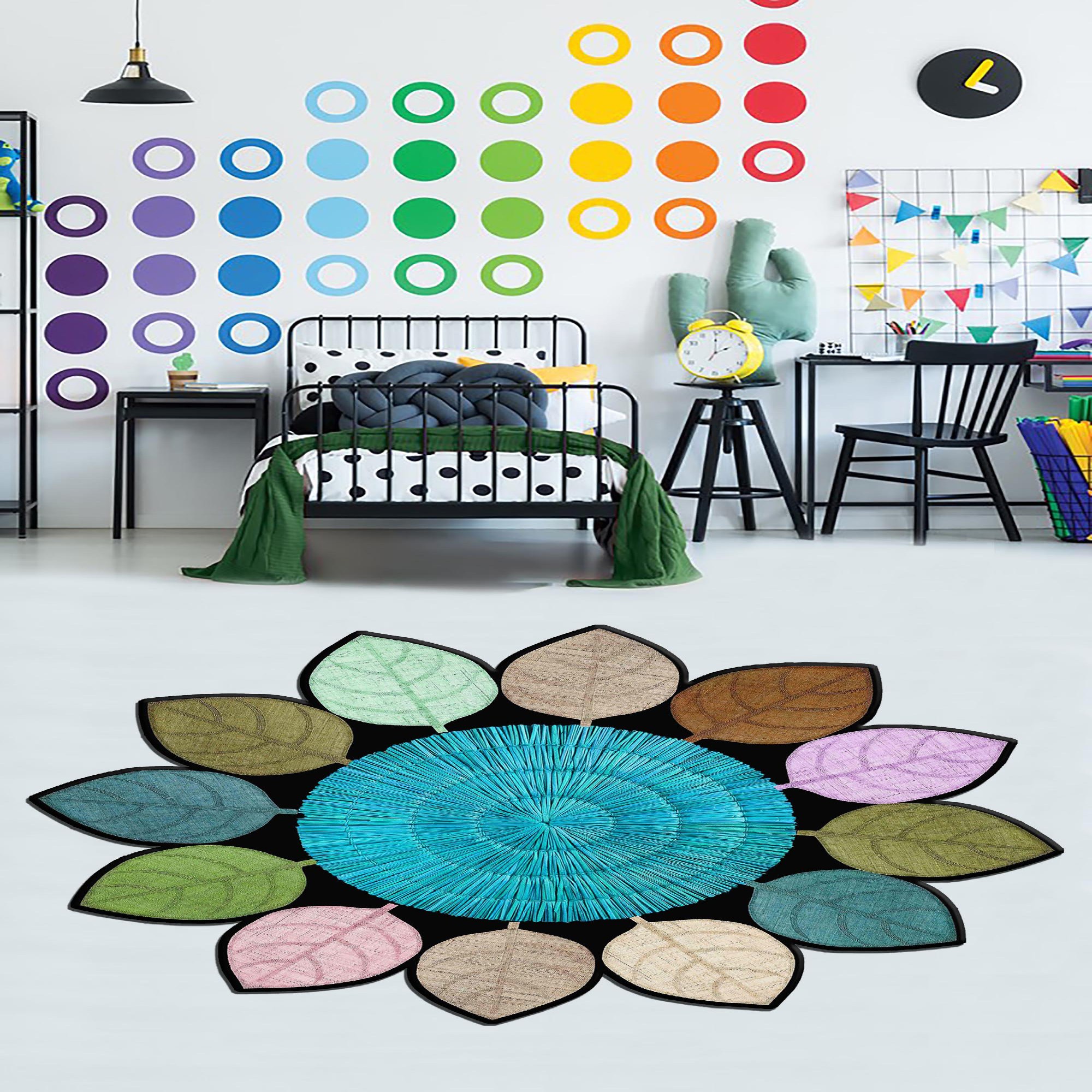 Covor, Wookece954, 90x90 cm, Turcoaz / Crem / Roz / Verde / Maro