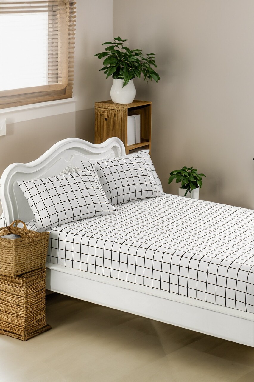 Set de pat dublu (cearceaf cu elastic si perne) 3 piese, Artus - Black, Eponj Home, 65% bumbac/35% poliester