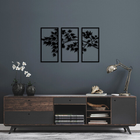 Decoratiune de perete, tree branch, metal, 34 x 67 cm, 3 piese, negru