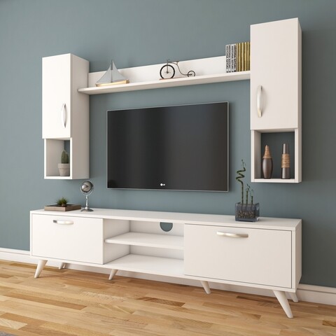 Comoda TV cu raft de perete si 2 cabinete M27 – 283, Wren, 180 x 35 x 48.6 cm/133 cm, white mezoni.ro