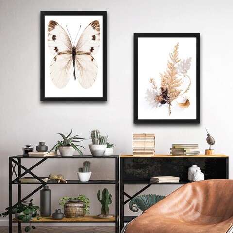 Set 2 tablouri decorative, beige butterfly set, pal, hartie, multicolor