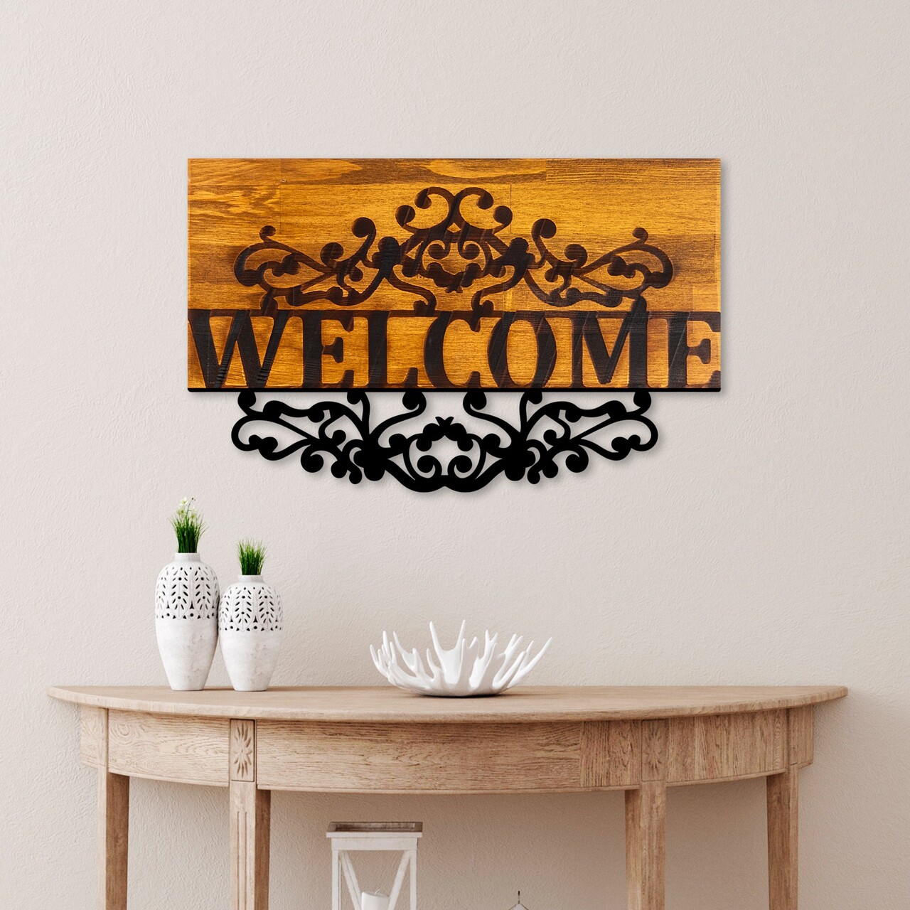 Decoratiune de perete, Welcome, Lățime: 58 cm Înălțime: 36 cm Adâncime: 3 cm, Nuc / Negru - view 2