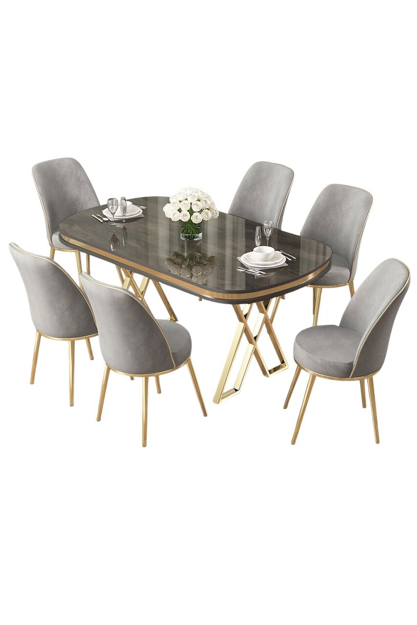 Set masă și scaune (7 piese), Hanah Home, Lai, Antracit / Auriu / Gri - imagine 2