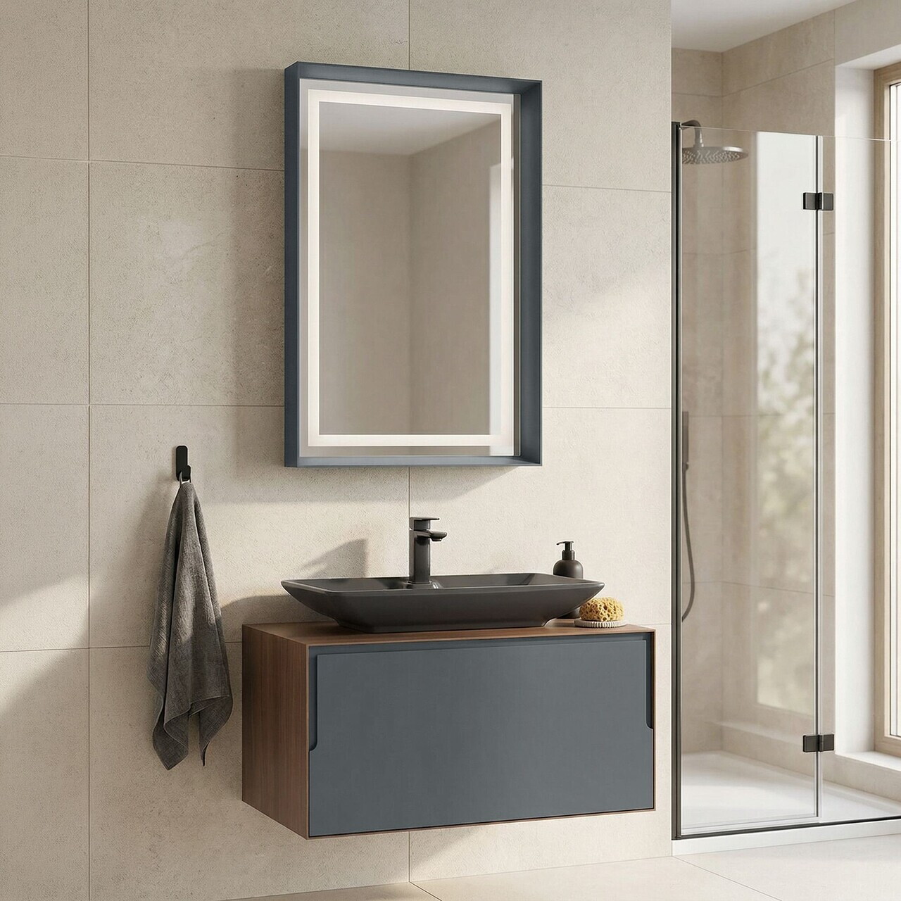 Set Dulap de Baie cu Chiuvetă și Oglindă (2 Piese), Hanah Home, Craft 80, Nuc / Antracit — imaginea 2