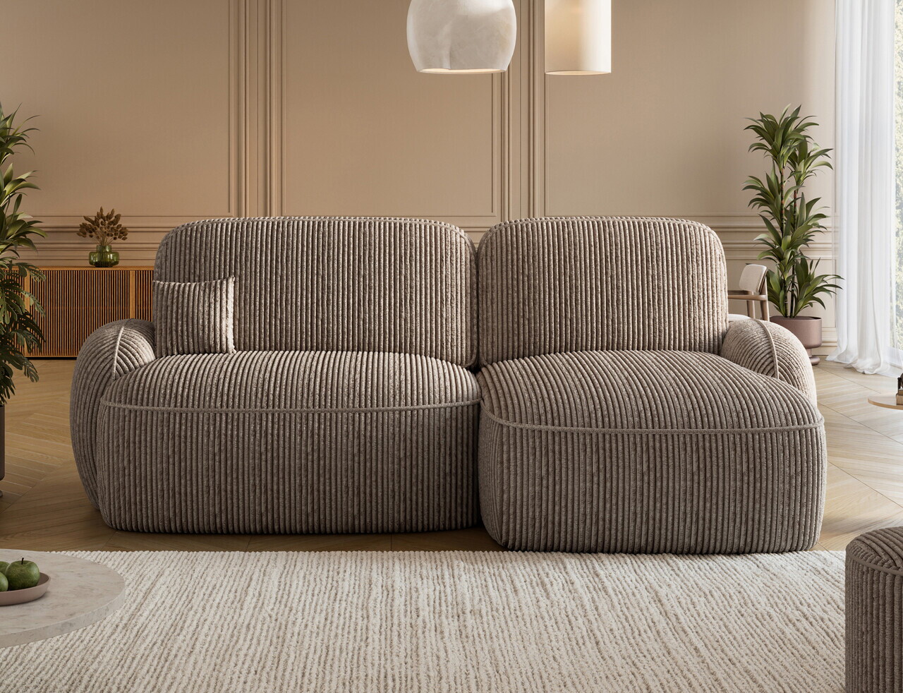 Coltar extensibil dreapta 3 locuri ELTAP, Tesalia, 240x150x93 cm, lemn/catifea din poliester, maro deschis — imaginea 2