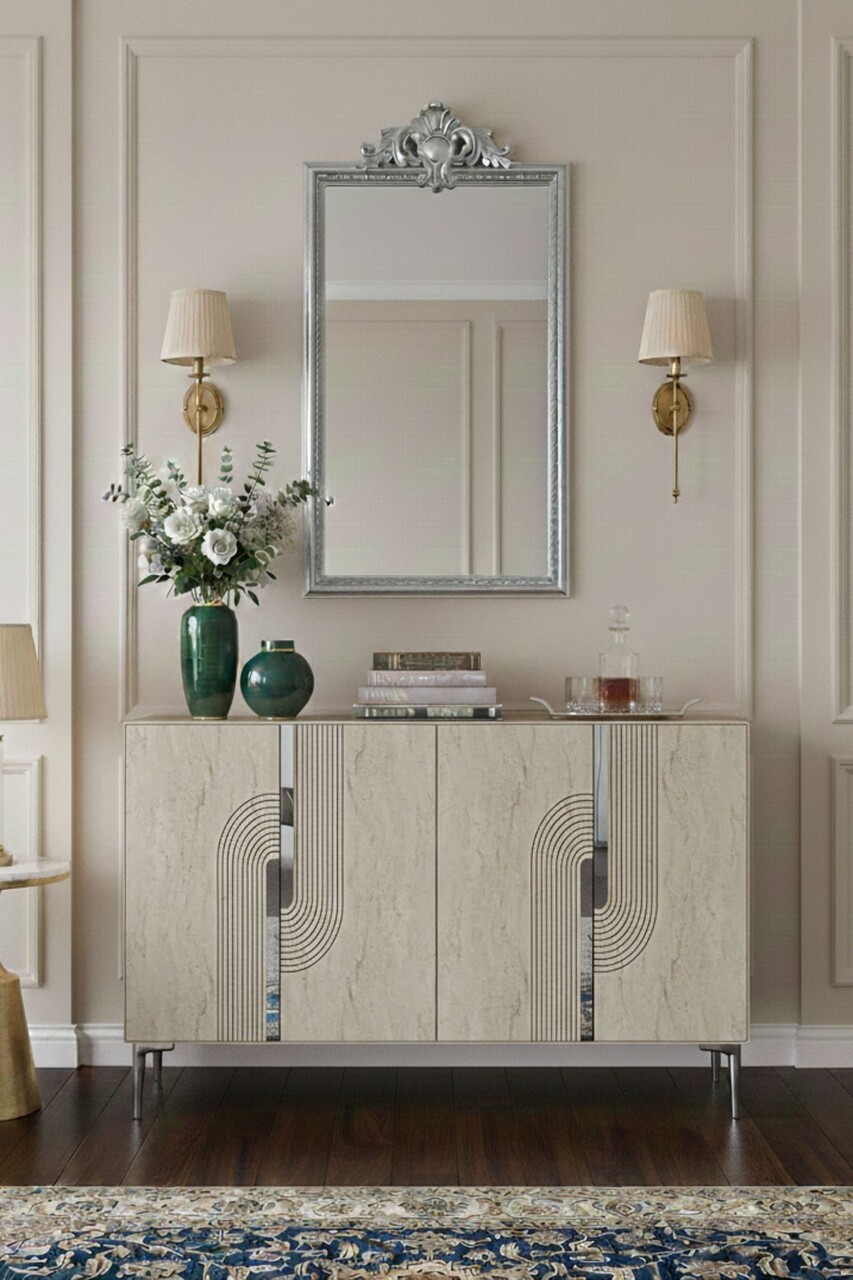 Consola, Hanah Home, Meyra 120, 120x75x32 cm, White / Travertine / Silver - view 3