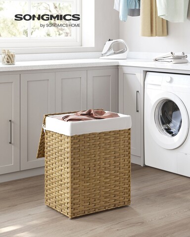 Cos de rufe, Songmics,  46x33x60 cm, 90 L, ratan sintetic/fier/bumbac, maro