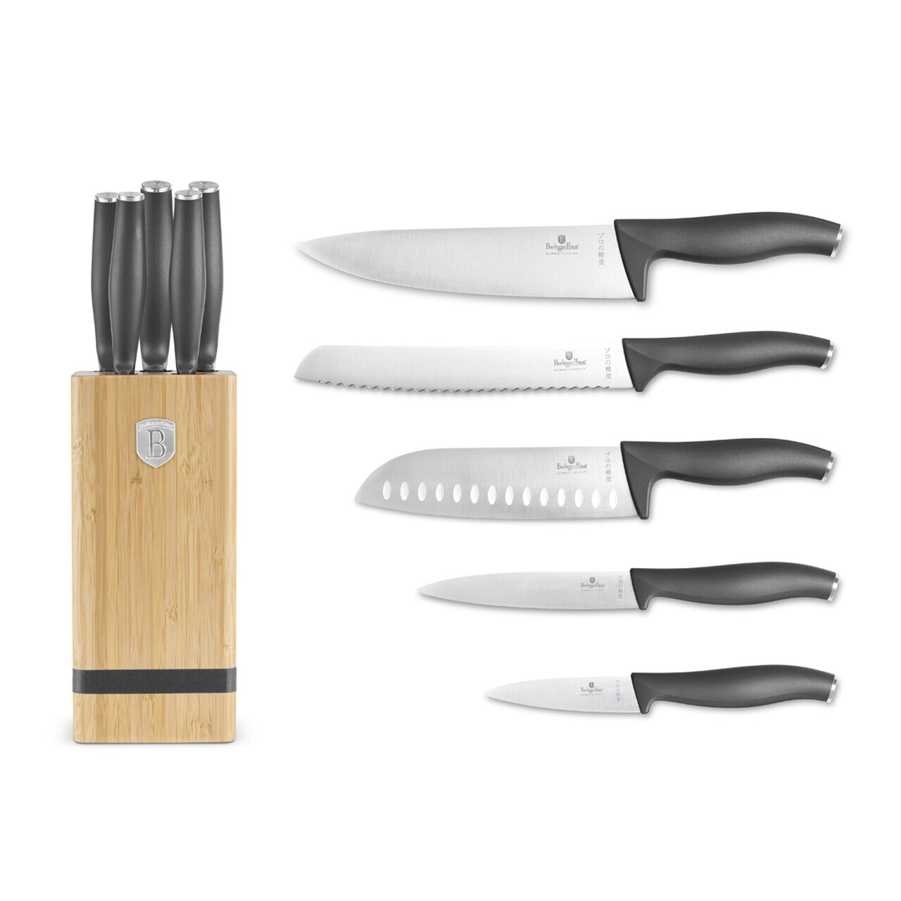 Set 5 cutite cu suport patrat Berlinger Haus, Anthracite, inox/bambus, antracit mat/natur - imagine 3
