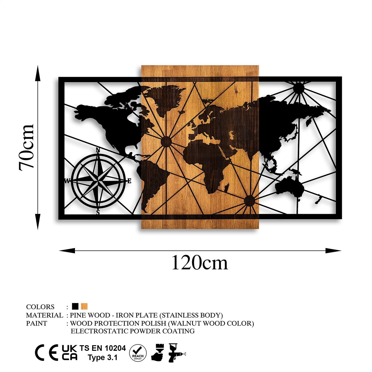 Decoratiune de perete, World Map 3-L, Dimensiune: 70 x 120 cm, Nuc / Negru — imaginea 6