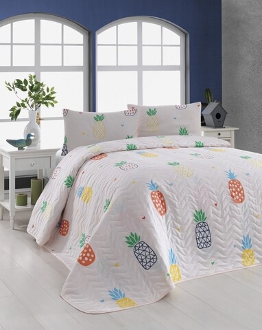 Set cuvertura de pat dubla Joke Ananas, EnLora Home, 3 piese, 65% bumbac, 35% poliester, multicolor 35% imagine 2022