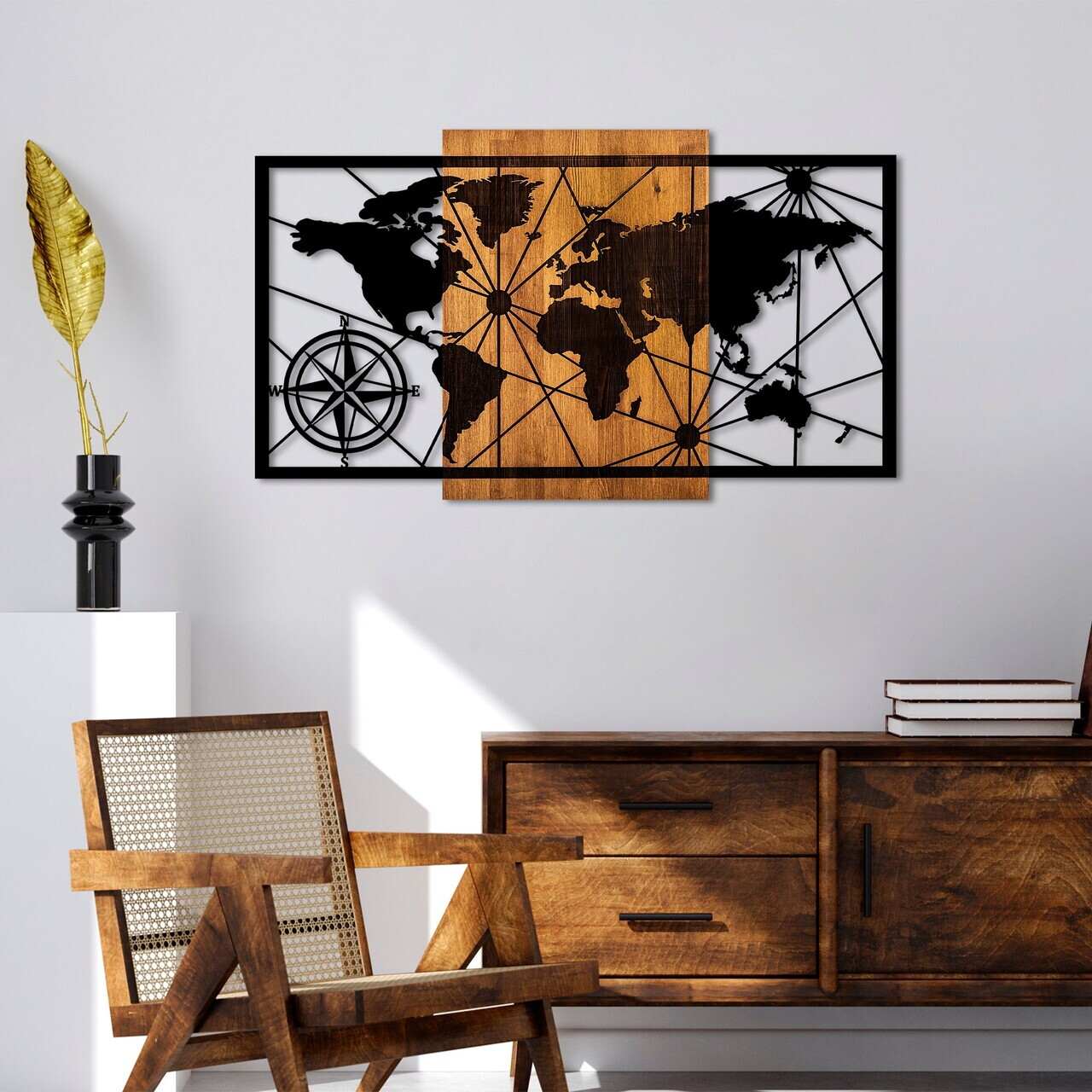 Decoratiune de perete, World Map 3-L, Dimensiune: 70 x 120 cm, Nuc / Negru — imaginea 2