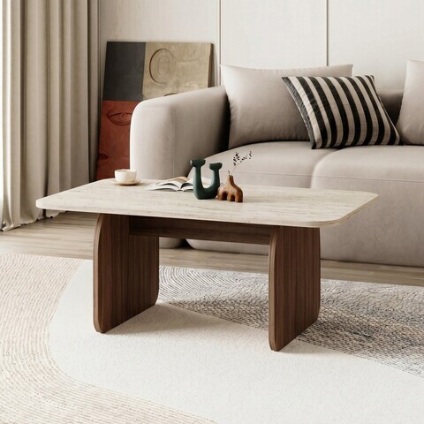 Masuta de cafea, Nordure, Pietra, 100x42x60 cm, Travertin / Nuc Milano