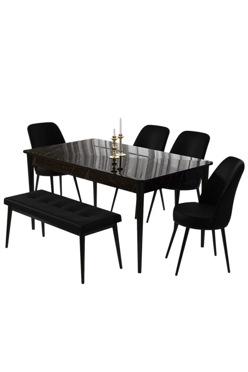Set masa si 6 scaune, Hanah Home, Pir, Model de marmură neagră / Negru — imaginea 2