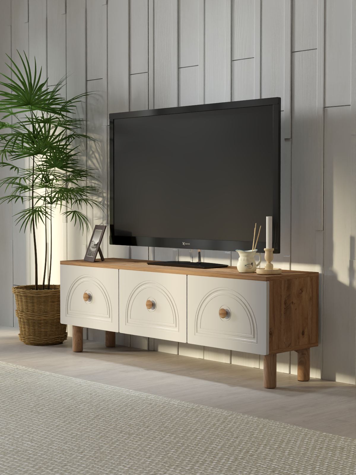 Comoda TV, Hanah Home, Mavora 135, 135x47x35 cm, PAL, Pin Atlantic / Alb