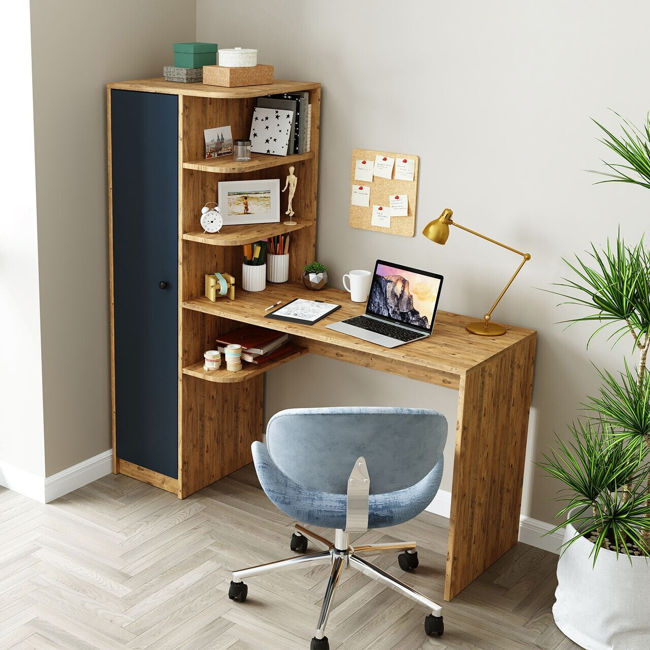 Set birou si biblioteca, Hanah Home, 2076, 143.2x143.2x50 cm, PAL MELAMINAT, Pin Atlantic / Antracit — imaginea 3