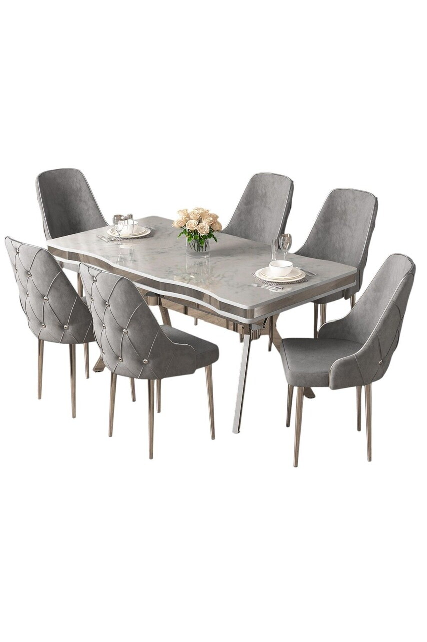 Set masa si scaune (7 piese), Hanah Home, Vae, Model de marmură albă / Crom / Gri — imaginea 2