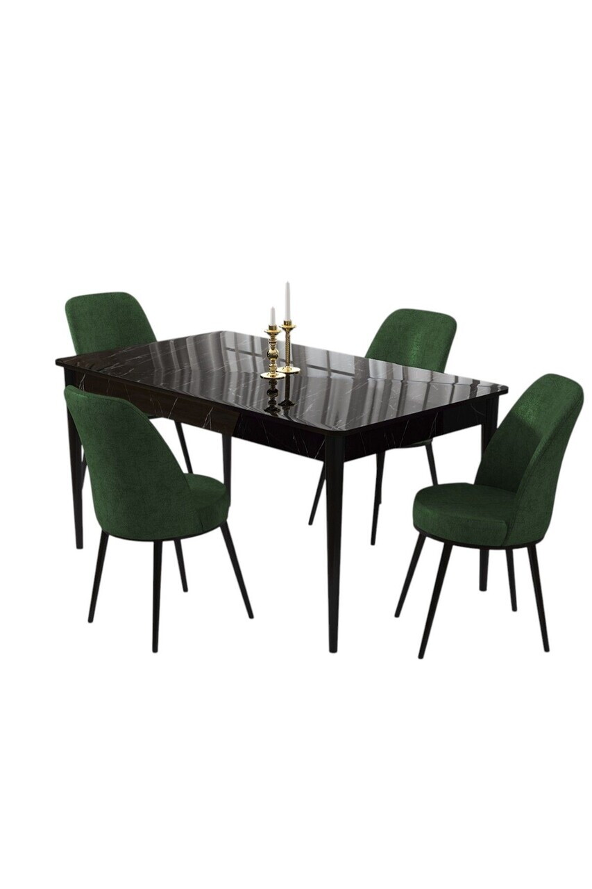 Set masa si scaune (5 piese), Hanah Home, Pir, Model de marmură neagră / Verde kaki — imaginea 2