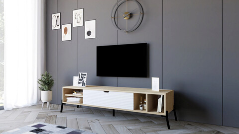 Comoda tv, puqa design, ponza, 160x36x40 cm, pal, stejar safir / alb