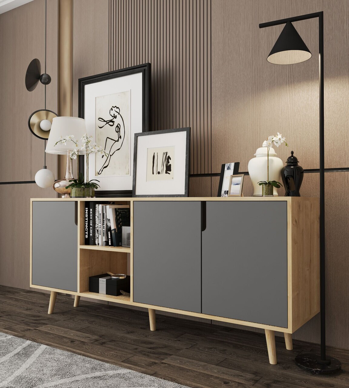 Consola, Hanah Home, Latina Modern 180, 180x80x45 cm, PAL MELAMINAT, Stejar safir / Antracit — imaginea 3