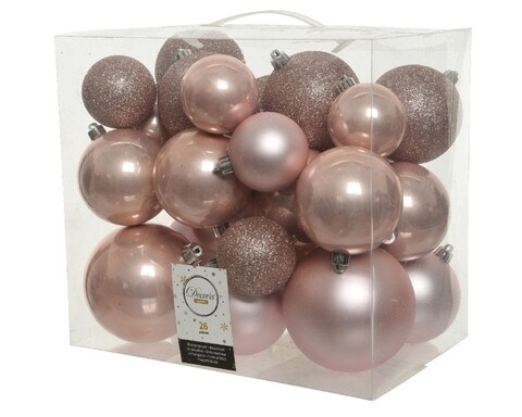 Cutie cu 26 globuri asortate Plain mix, Decoris, plastic, roz perla