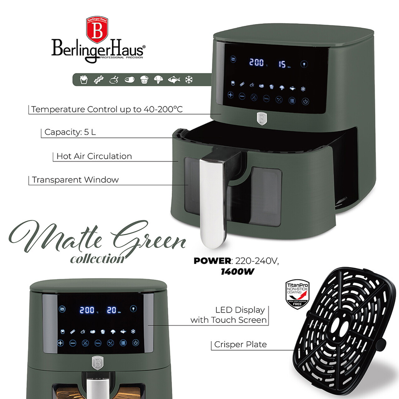 Friteuza cu aer cald si fereastra Berlinger Haus, Matte Green, 5 L, 1400W, verde mat - imagine 6