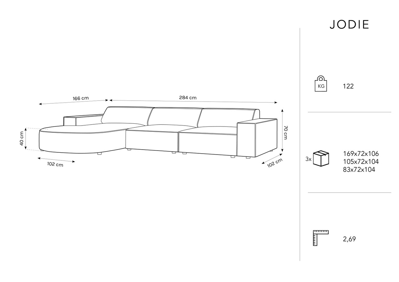 Coltar stanga 4 locuri, Jodie, Micadoni Home, BL, forma rotunjita, 284x166x70 cm, catifea, negru