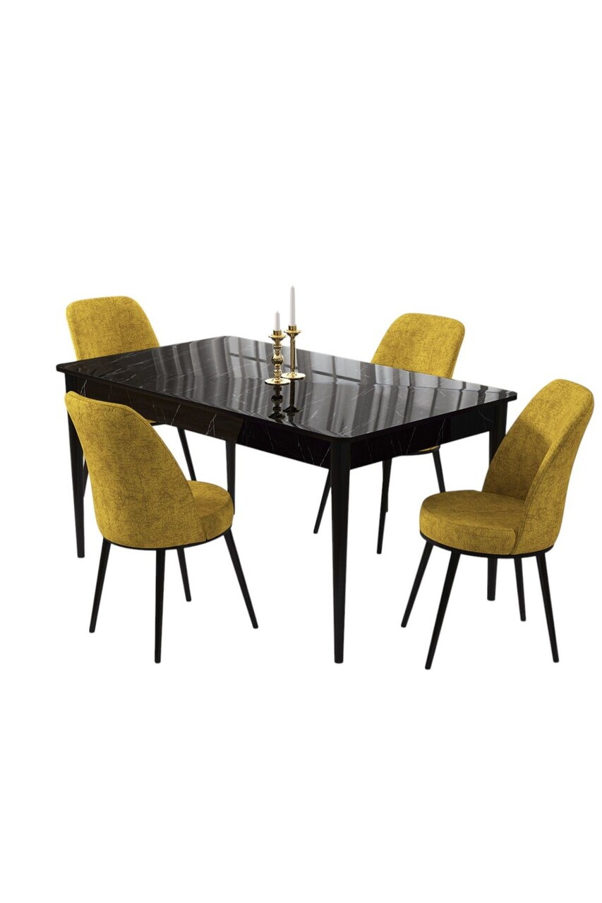 Set masa si scaune (5 piese), Hanah Home, Pir, Model de marmură neagră / Muștar — imaginea 2