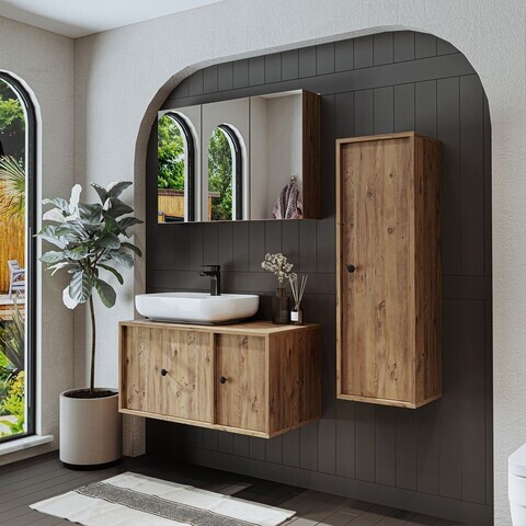 Set Dulap de Baie cu Chiuvetă și Oglindă (3 Piese), Hanah Home, 2573, MDF, Maro