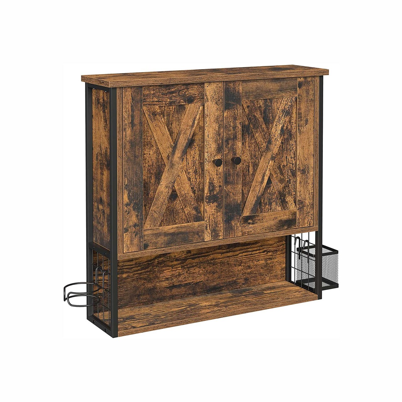 Dulap de perete cu 3 rafturi si suport uscator de par, Vasagle, 60x16x60 cm, PAL/otel, maro rustic - 1 | YEO