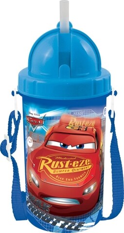 Bidon apa cu pai Cars, Disney, 400 ml, plastic, albastru