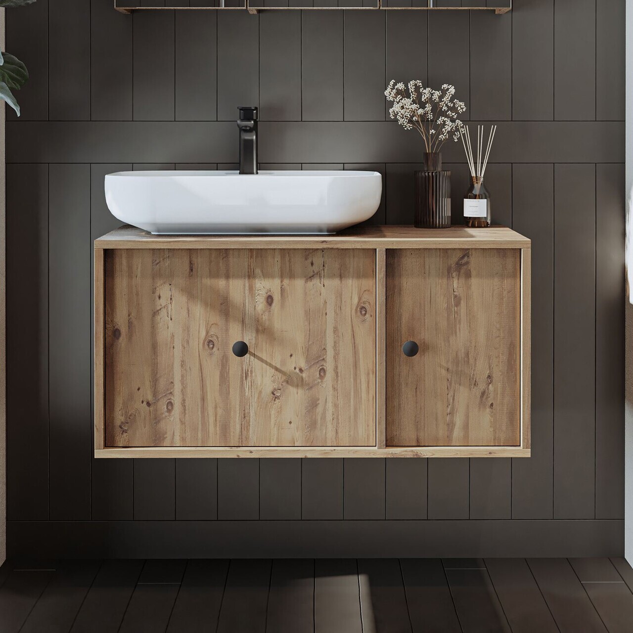 Dulap de baie cu chiuvetă, Hanah Home, 2563, 90x58x45 cm, MDF, Maro