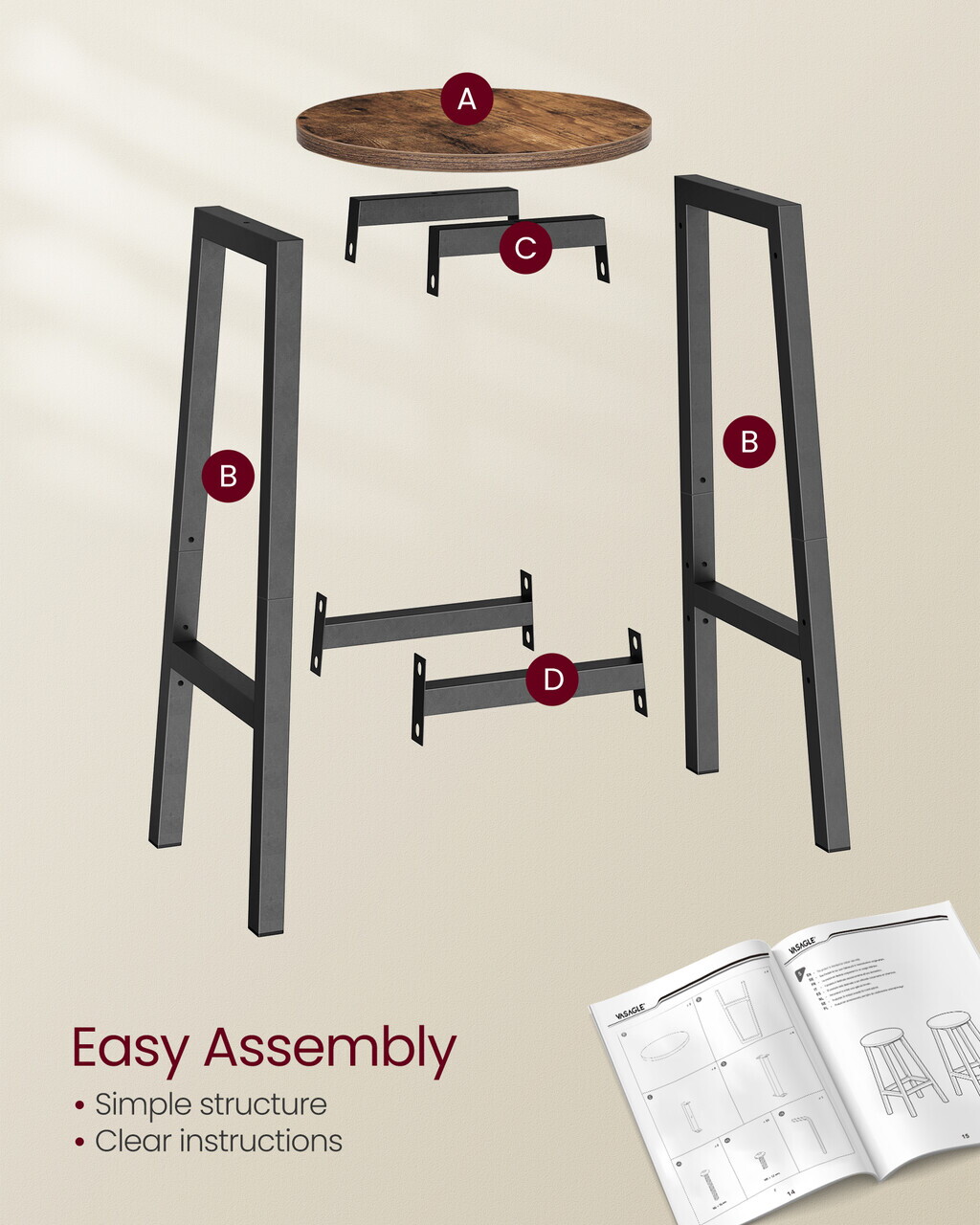 Set 2 scaune de bar, Vasagle, 32x65 cm, PAL/otel, maro rustic/negru - view 5
