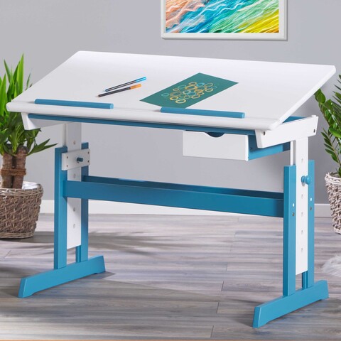 Birou pentru copii Pijii, Inter Link, 109x55x63-96 cm, lemn, alb/albastru