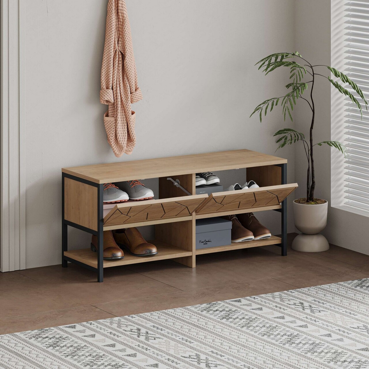 Pantofar, Decortie, Inola Shoe Bench, 105x47x37 cm, PAL, Safir / Stejar - 2 | YEO