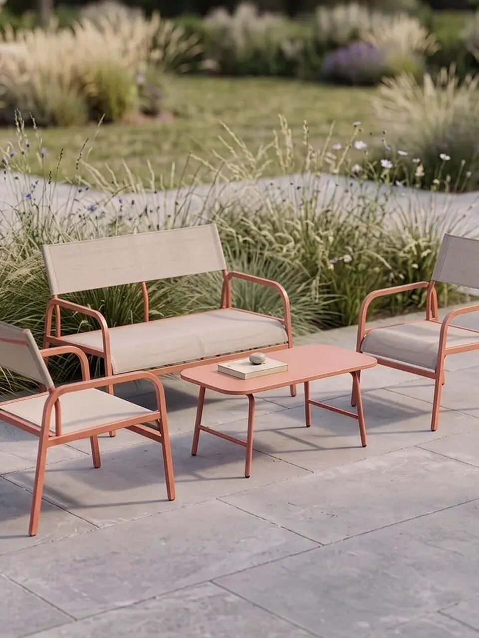 Set mobilier de gradina 4 piese Calmora, Homla, 118.5x70.5x83 cm / 95x50 cm, otel/poliester, bej/maro