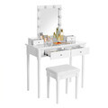 Masa de toaleta cu taburet si oglinda cu LED-uri / masuta dressing, Vasagle, 90x40x133.5 cm, MDF/lemn de pin/lemn de cauciuc, alb