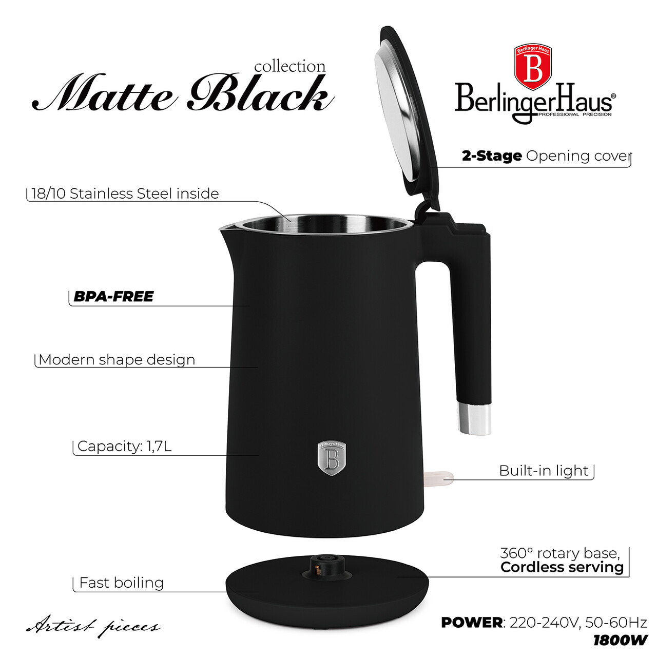 Ceainic electric cu pereti dubli Berlinger Haus, Matte Black, 1.7 L, plastic/inox, negru mat - imagine 8