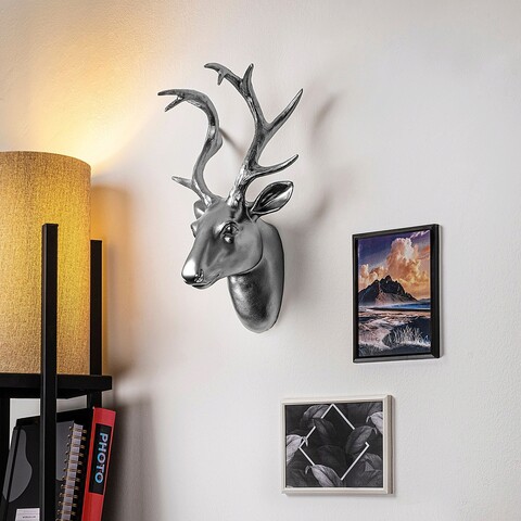 Decoratiune de perete, bust of deer, 26x38x17 cm, poliester, argintiu