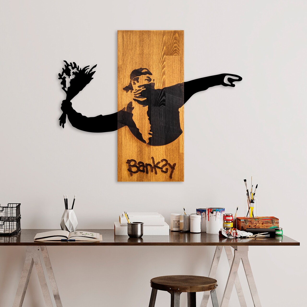 Decoratiune de perete, Banksy, Lățime: 69 cm Înălțime: 58 cm Adâncime: 3 cm, Nuc / Negru - view 2