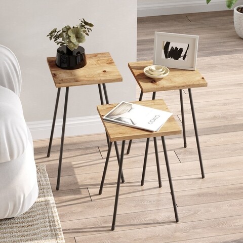 Set 3 masute de cafea, Locelso, LZ1-A, pal melaminat/metal, pin/negru Masute living
