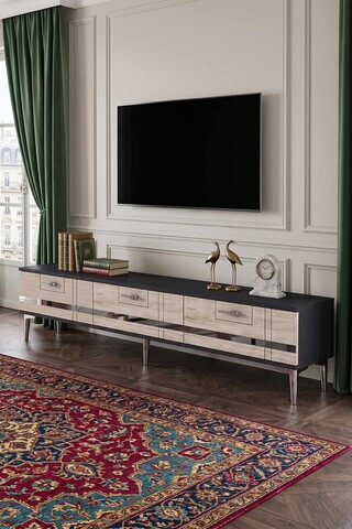 Comoda TV, Hanah Home, Ilay, 180x41x30 cm, Antracit / Travertin / Argint