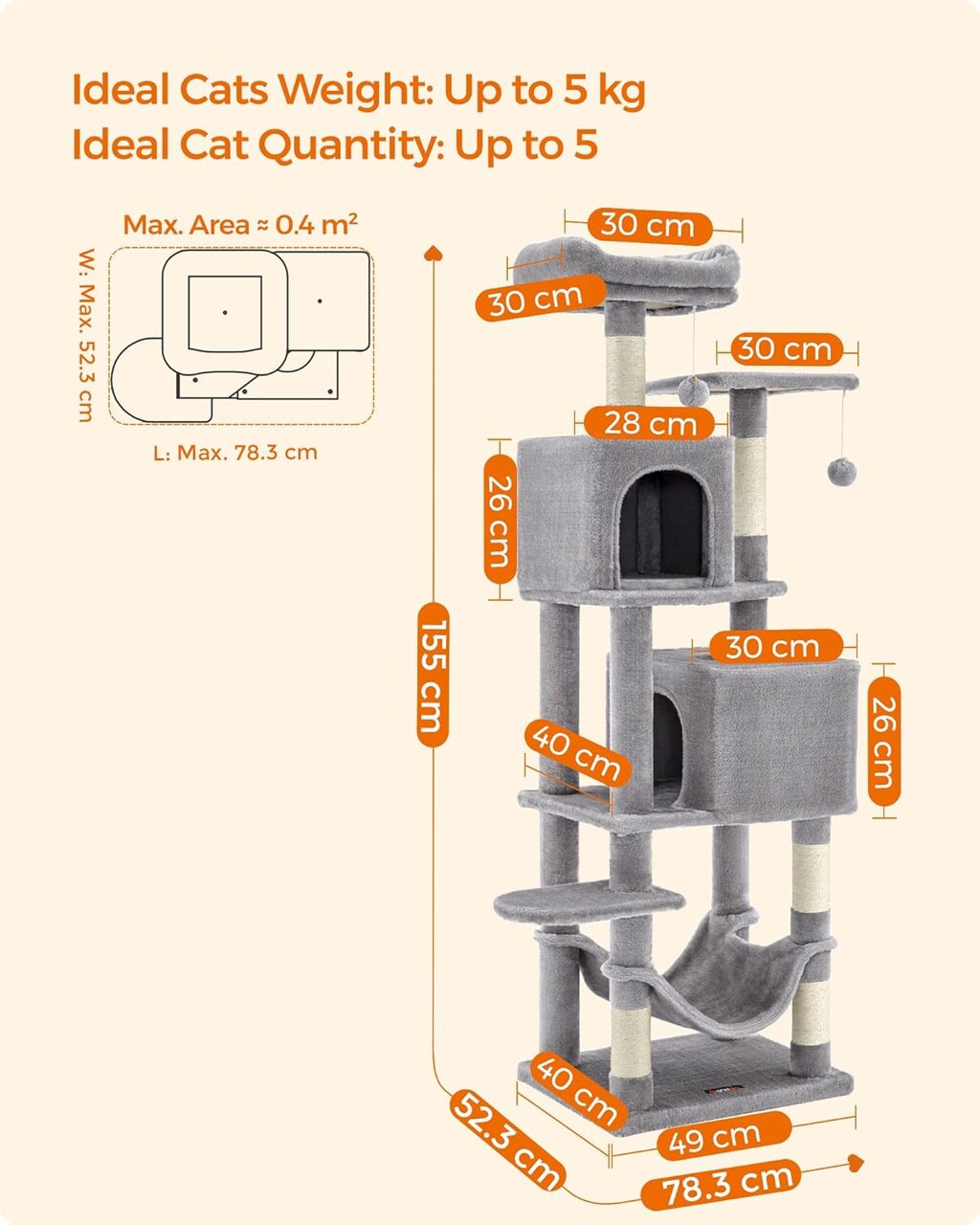 Ansamblu de joaca pisici / arbore pentru pisici, Feandrea, 49 x 40 x 150 cm, PAL/sisal