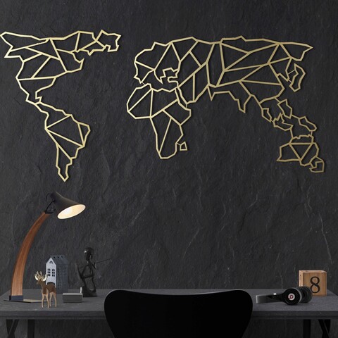 Decoratiune de perete, world map xl, metal, dimensiune: 85 x 170 cm, auriu