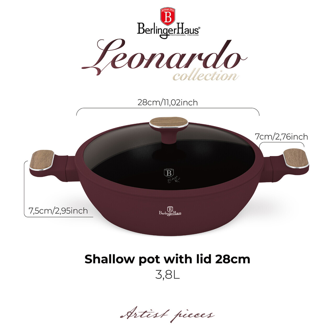 Oala cu capac Berlinger Haus, Leonardo Nordic, 28 cm, 3.8 L, aluminiu forjat, visiniu mat - imagine 7